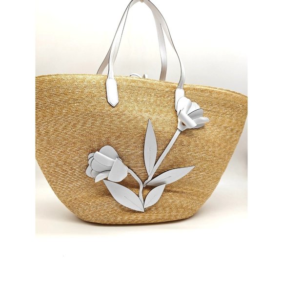 OSCAR DE LA RENTA tulip raffia large tote + Dust bag --NATURAL/WHITE - Picture 3 of 13